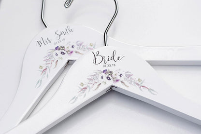 White Bridesmaid Printed Hanger with purple floral design