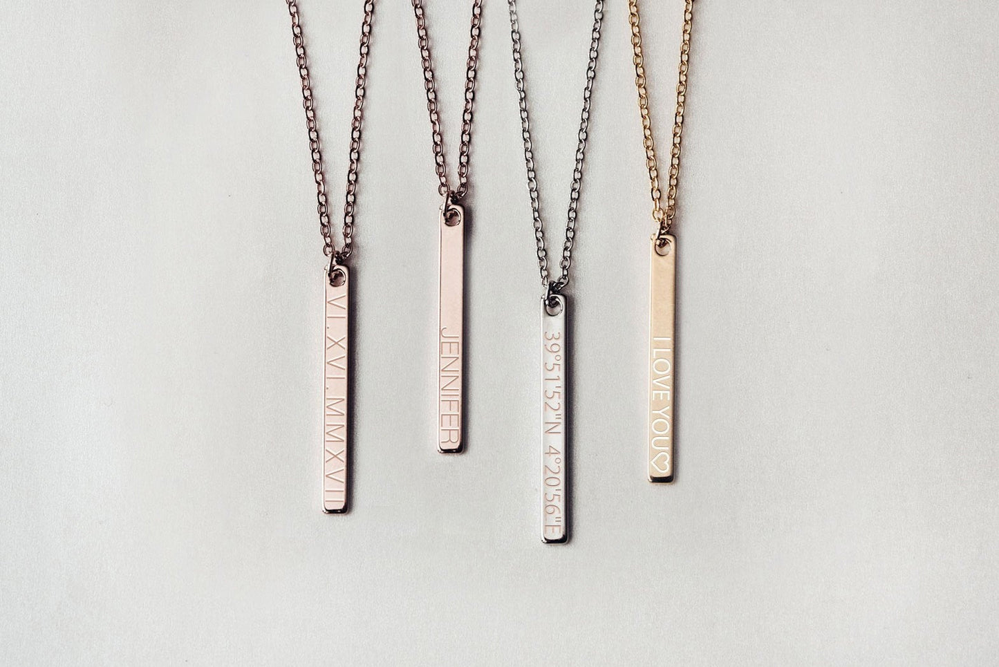 personalized bridesmaid vertical bar neckless with name or coordinates with gold, silver and rose gold color options 
