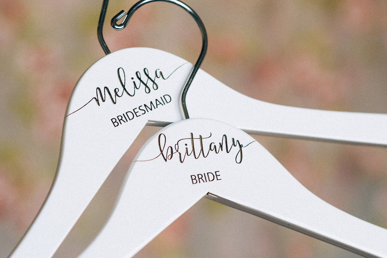 Two White Personalized Bridesmaid Hangers
