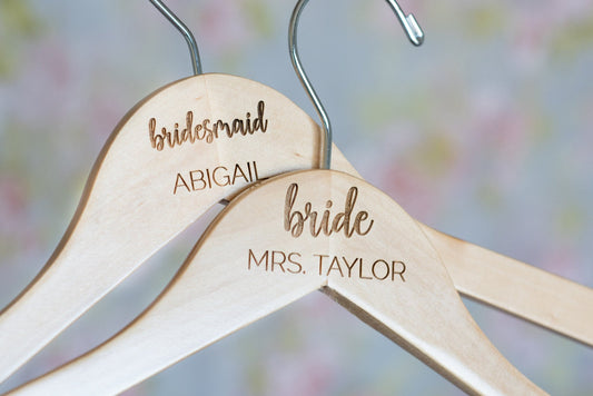 Two Personalized Engraved Bridal Party Wooden Hangers, with Bridesmaid and Bride tex