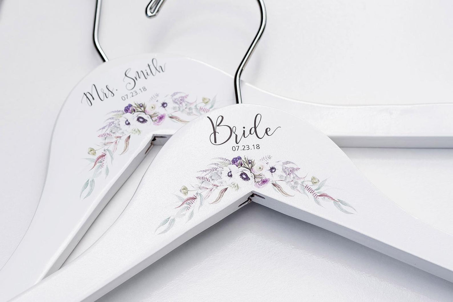 White Bridesmaid Printed Hanger with purple floral design
