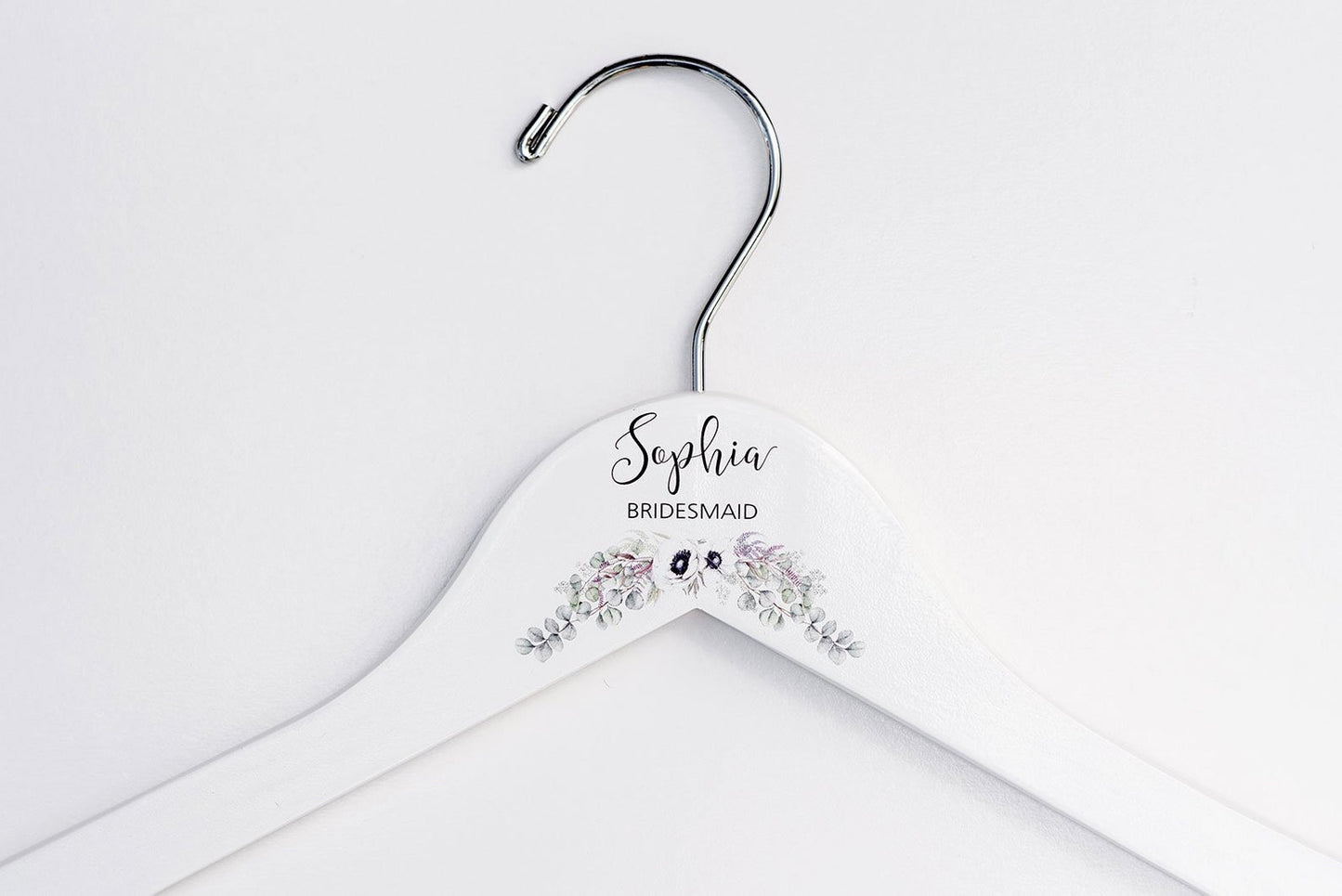 White Bridesmaid Printed Hanger with cream floral design