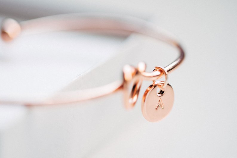 Rose gold personalized bridesmaid proposal bracelet with a initial charm