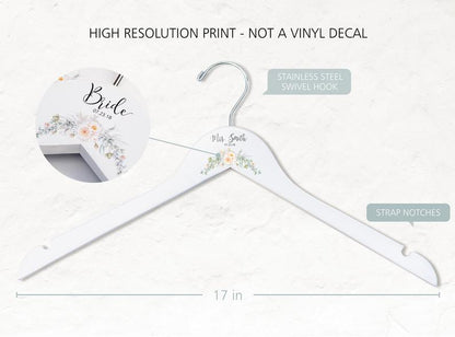 White Bridesmaid Printed Hanger with floral design layout