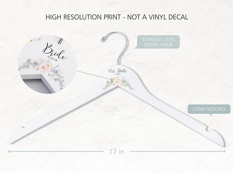 White Bridesmaid Printed Hanger with cream floral design layout