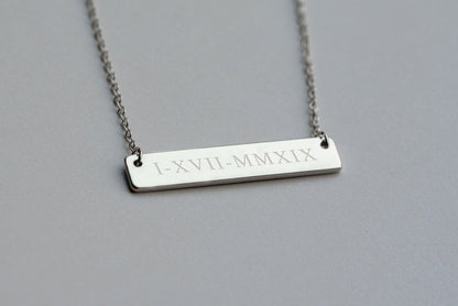 personalized bridesmaid horizontal bar neckless with name or coordinates with gold, silver and rose gold color options 
