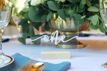 acrylic wedding table number with vinyl decal and wooden base