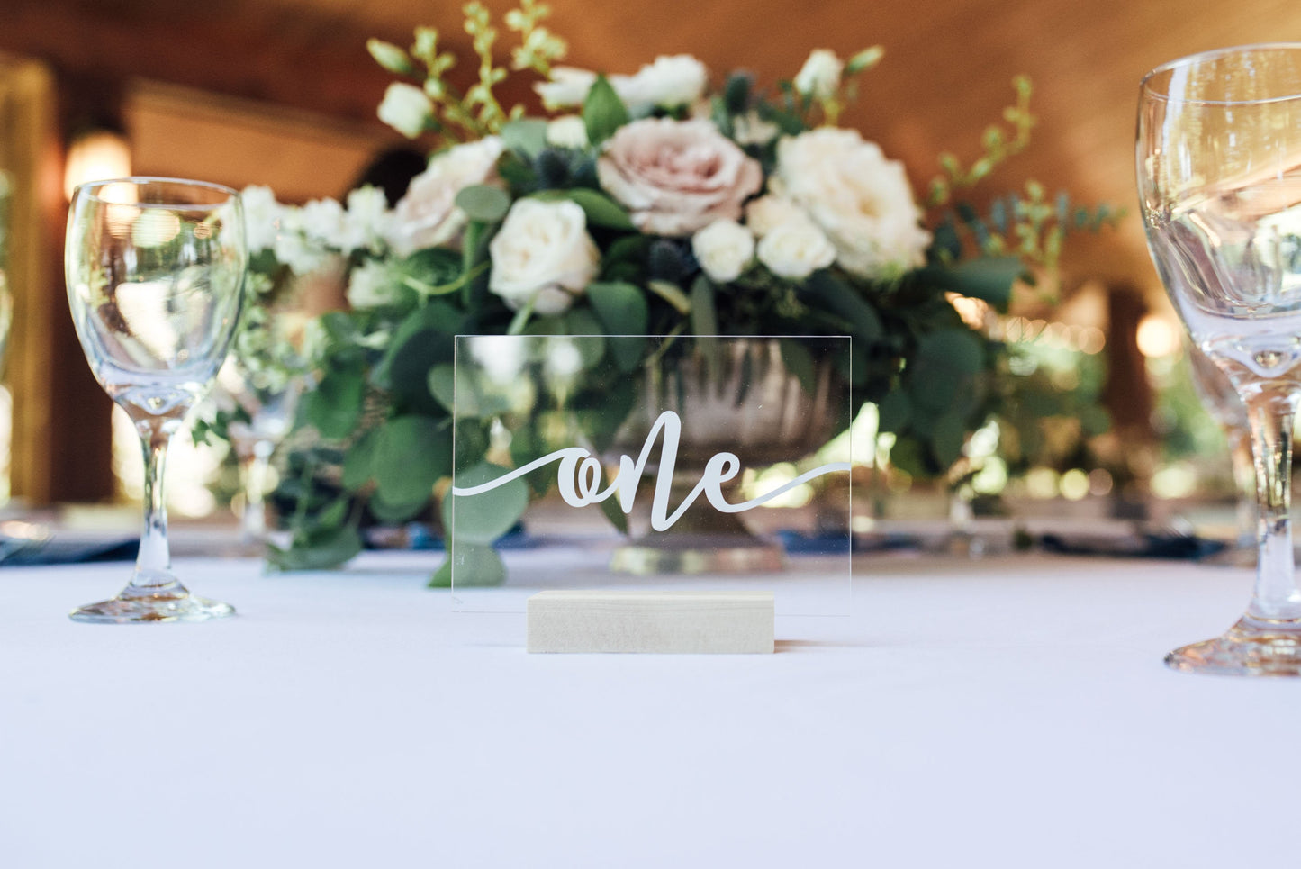 acrylic wedding table number with vinyl decal and wooden base