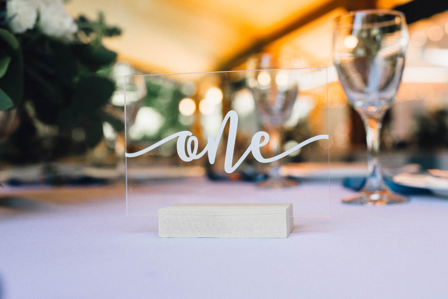 acrylic wedding table number with vinyl decal and wooden base