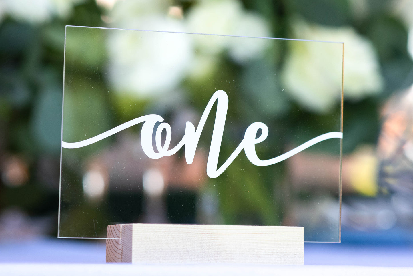 acrylic wedding table number with vinyl decal and wooden base